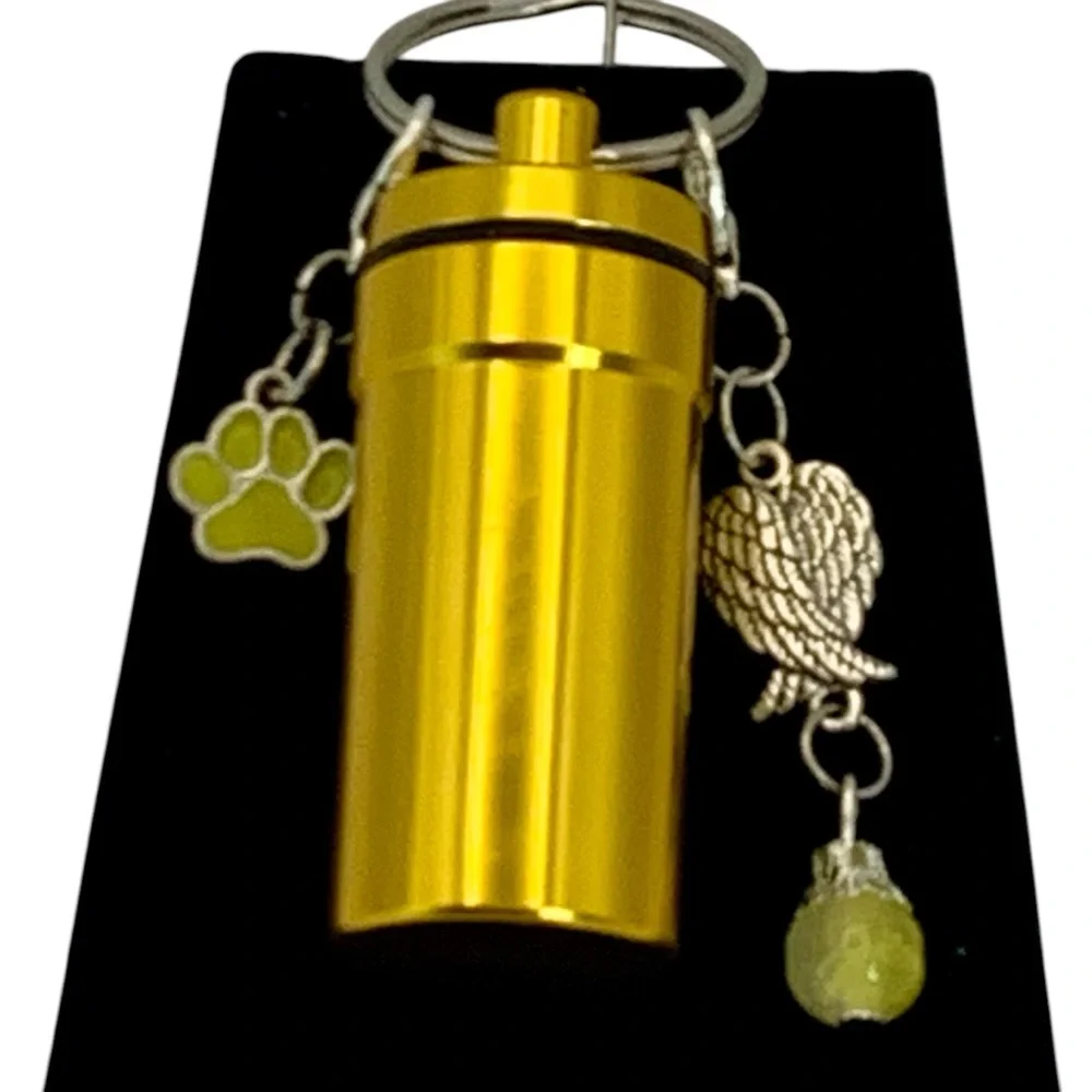 Pet Cremation Urn Gold Stainless Steel Memorial Keepsake Cylinder Keychain - Picture 3 of 4
